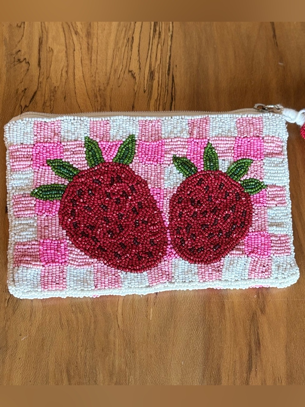 Beaded Strawberry Gingham Zip Pouch Pink White Glass Beads Tassel Clutch
